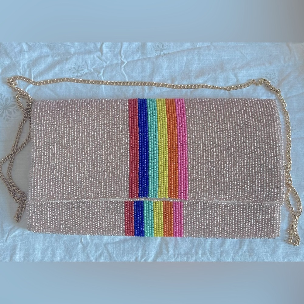 Beaded Pink Rainbow Stripe Crossbody Clutch - Unbranded